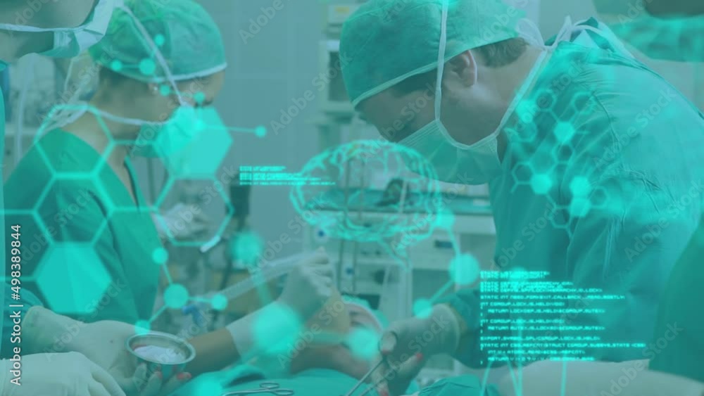Poster animation of brain scan and medical data processing over surgeons operating on patient in theatre