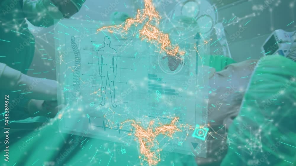 Poster animation of medical information and data processing over surgeons at work in operating theatre