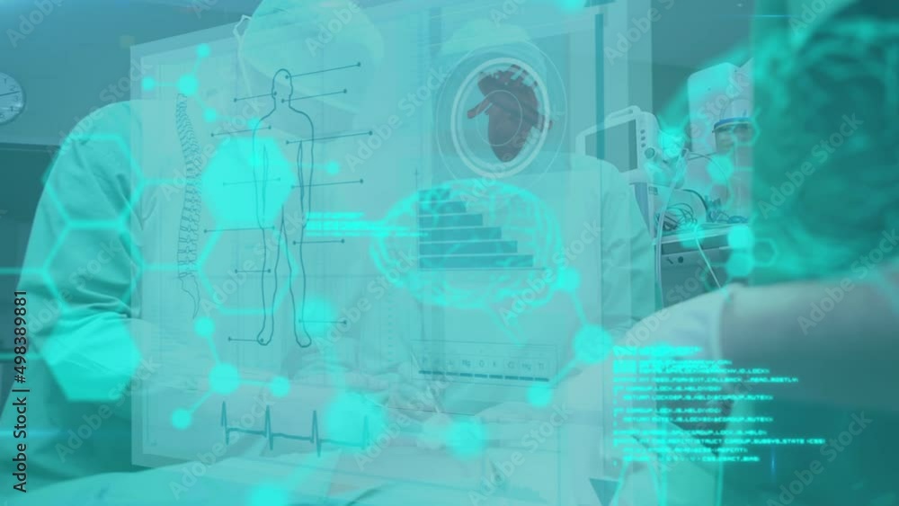 Aufkleber animation of brain scan and medical data interface processing over surgeons operating on patient