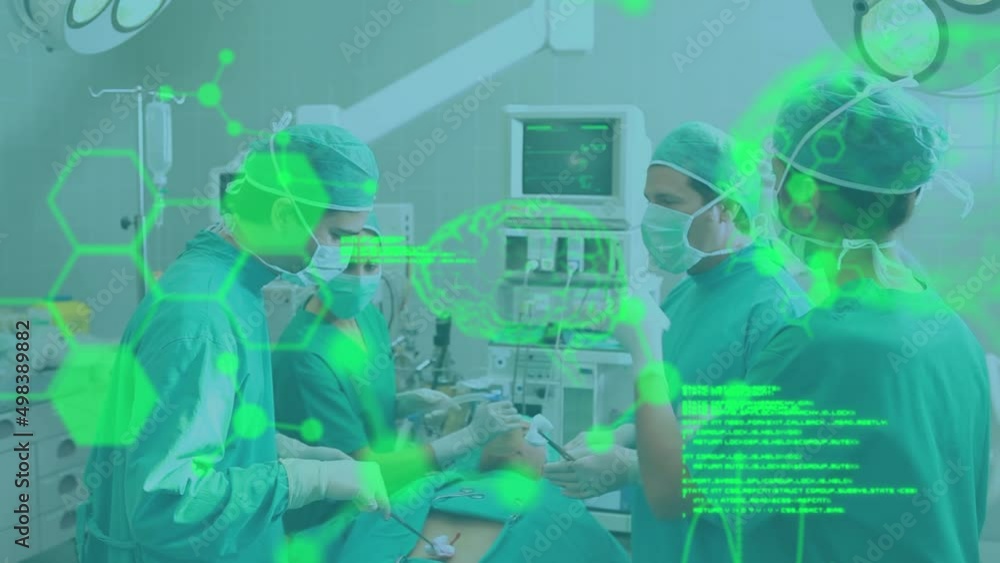 Poster animation of brain scan and medical data processing over surgeons at work in operating theatre