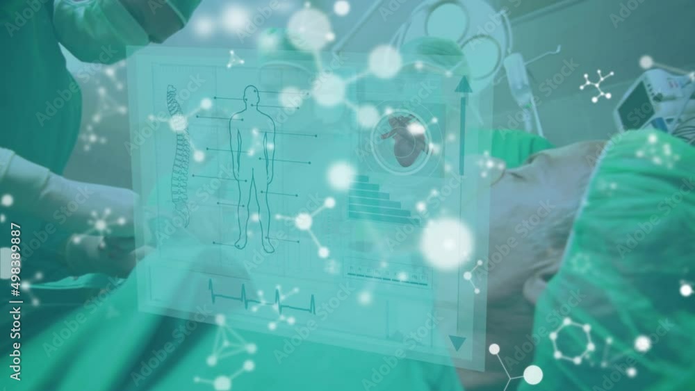 Poster animation of network and data processing over surgeons operating on patient in theatre