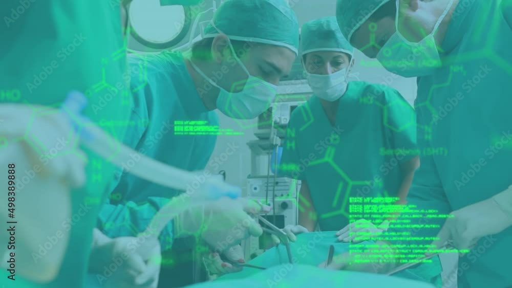 Poster animation of medical information and data processing over patient view of surgeons operating