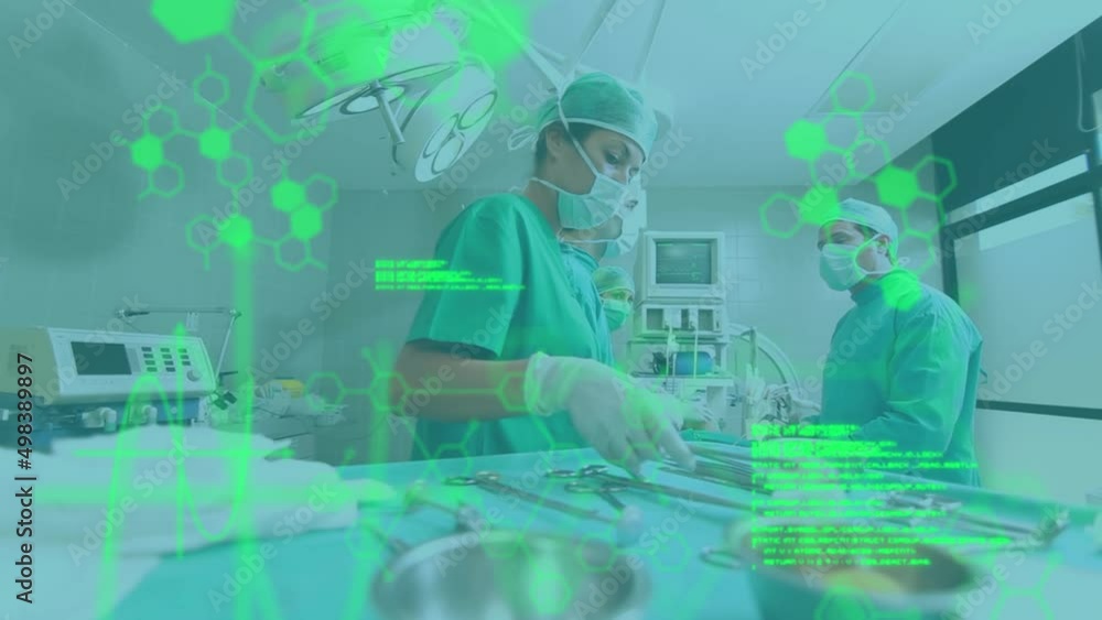 Poster animation of medical information and data processing over surgeons at work in operating theatre