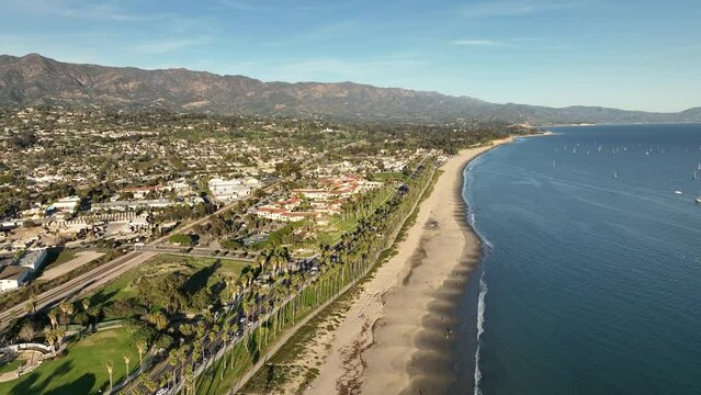 Santa Barbara downtown skyline, Santa Barbara city. Flying of Santa Barbara, filmed LA by drone.