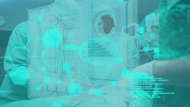 Animation of brain scan and medical data interface processing over surgeons operating on patient