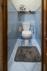 toilet and detail of a corner shower cabin with wall mount shower attachment