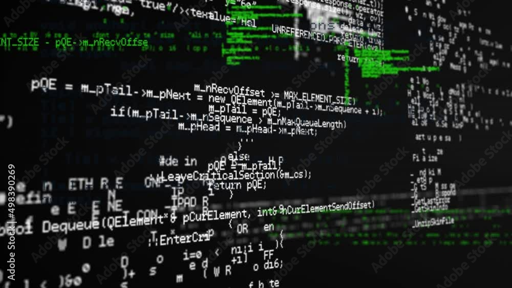 Poster animation of red and green data processing on black background