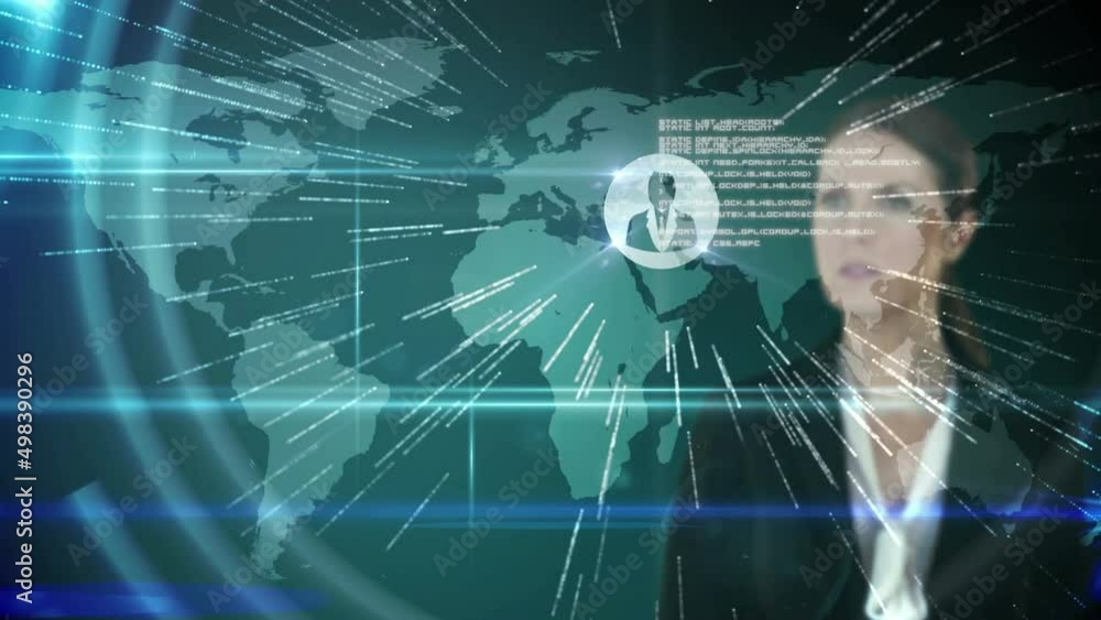 Poster animation of network of connections and data processing over caucasian businesswoman and world map