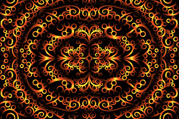 seamless circular circle LUXURIOUS gOLD Colour caleidoscope gradient flower art pattern of indonesian culture traditional tenun batik ethnic dayak ornament for wallpaper with Black background 
