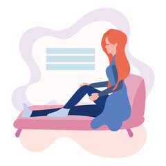 Happy woman sitting on a couch Hygge concept Vector