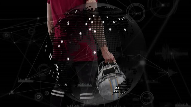 Animation of data processing and globe over caucasian male american football player with ball