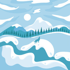 Beautiful light blue winter landscape with hills and trees Vector