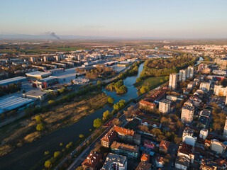 Fototapeta premium Aerial view of Maritsa river and panorama to City of Plovdiv, Bulgaria