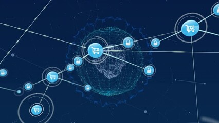Animation of network of connections with online shopping icons over globe