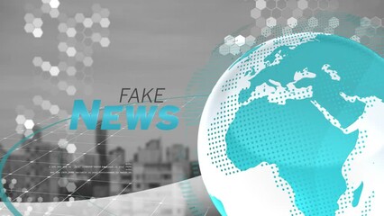 Animation of fake news text over globe data processing and cityscape - Powered by Adobe