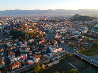 Aerial view of Maritsa river and panorama to City of Plovdiv, Bulgaria