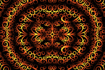 seamless circular circle LUXURIOUS gOLD Colour caleidoscope gradient flower art pattern of indonesian culture traditional tenun batik ethnic dayak ornament for wallpaper with Black background 