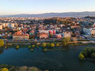 Fototapeta na wymiar Aerial view of Maritsa river and panorama to City of Plovdiv, Bulgaria