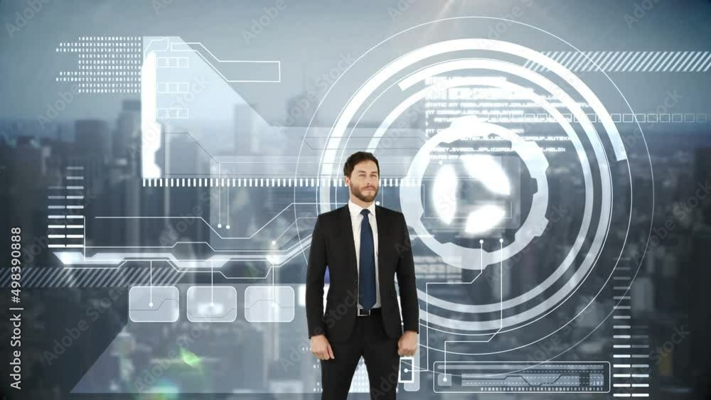 Poster animation of dmiling caucasian businessman over diverse data and cityscape in background