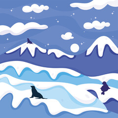 Cold blue winter landscape with hills, seals and walrus animals Vector