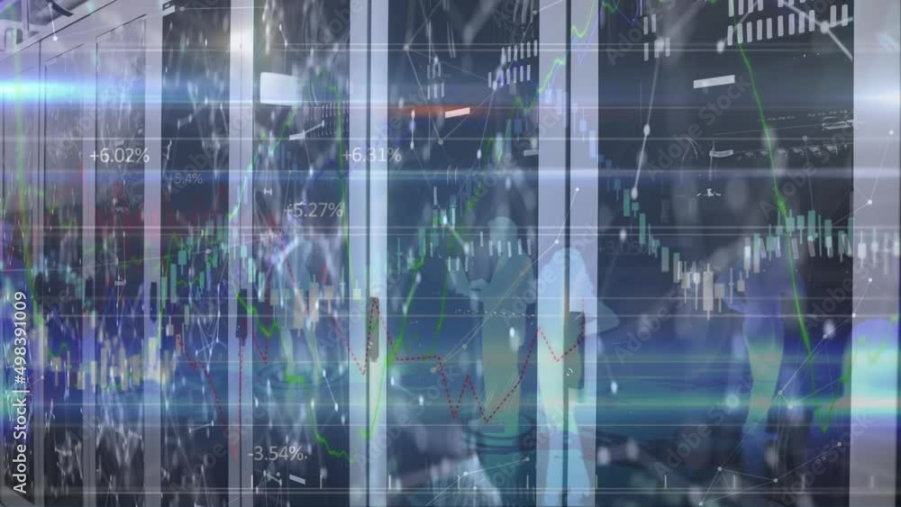 Poster animation of diverse financial data and graphs over servers