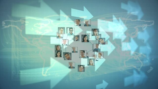 Animation of arrows over photos of diverse people rotating in blue space
