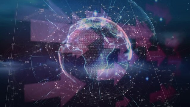 Animation of arrows, lights and globe rotating in pink and navy space