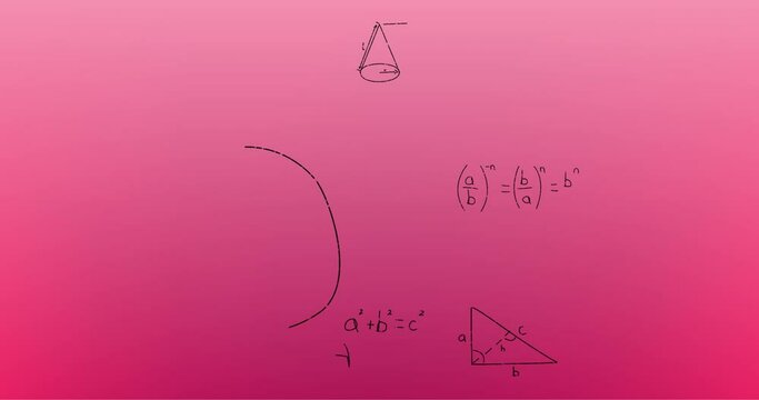 Animation of hand written mathematical formulae over pink background