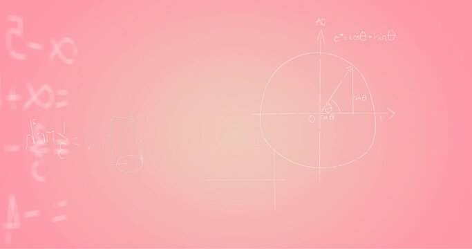 Animation of hand written mathematical formulae over pink background