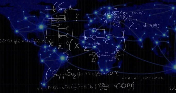Animation of handwritten mathematical formulae over blue background
