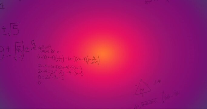 Animation of hand written mathematical formulae over purple background