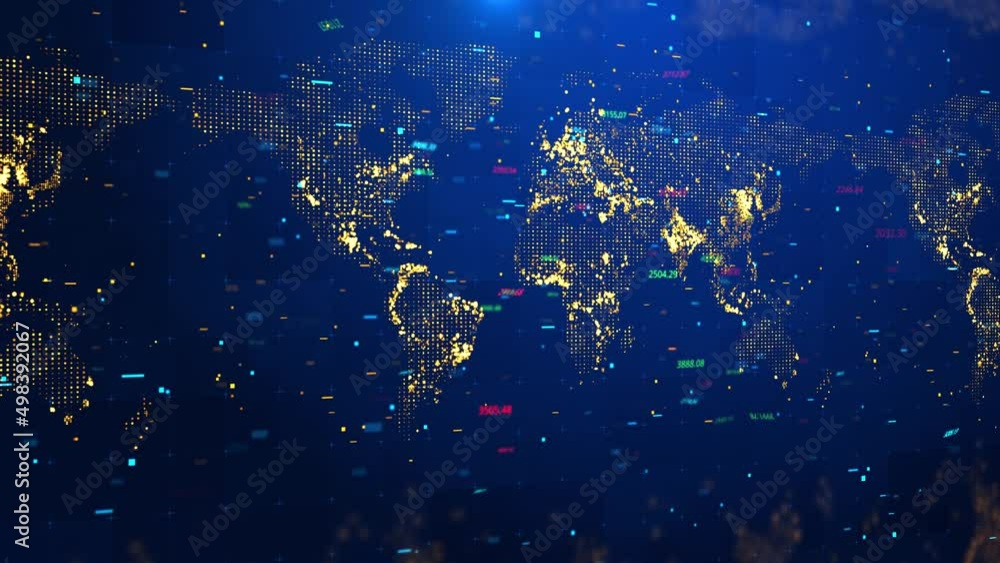 Poster 3d animation loop of space world map and stock indexes digital background. stock market price change
