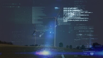 Animation of data processing over wind turbines and sky - Powered by Adobe