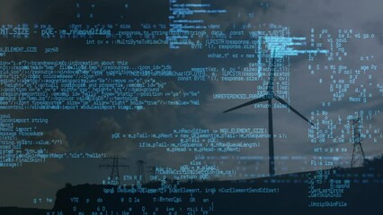 Animation of data processing over wind turbine and sky with clouds - Powered by Adobe