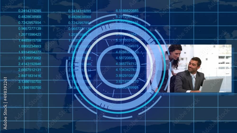 Aufkleber animation of scope scanning over data processing and diverse business people