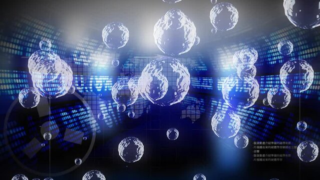 Animation of bubbles over arrows and stock market on blue background