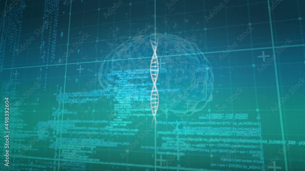Poster animation of dna strand and digital brain over data processing on green background