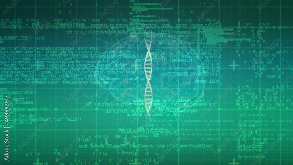 Poster animation of dna strand over data processing and digital brain on green background