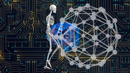 Animation of digital skeleton model and globe of connection over computer circuit board - Powered by Adobe