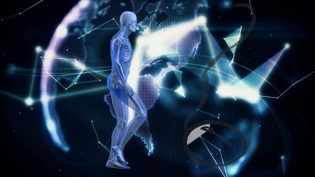 Animation of hand holding digital human model over globe on black background