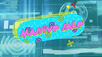 Animation of data processing and massive sale text over server room - Powered by Adobe