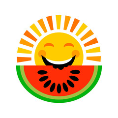 Smiling sun eats watermelon. Isolated on white background illustration. Summer symbol in cute kids style - 498393215