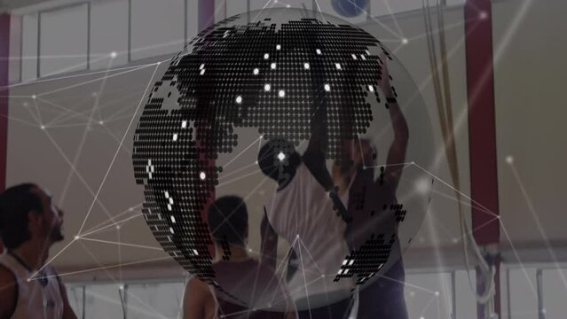 Animation of globe and network of connections over diverse group of basketball players at gym