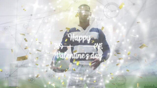 Animation of happy valentine's day text and confetti over african american rugby player