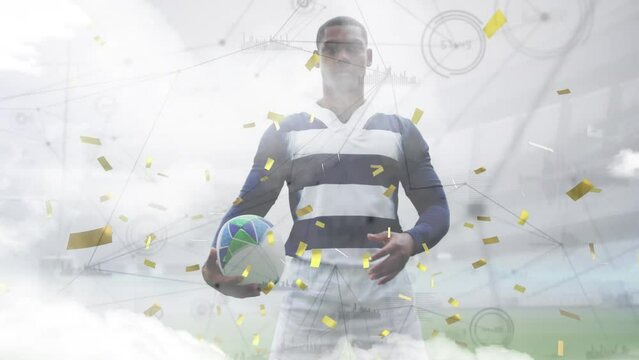 Animation of clouds and confetti over african american rugby player