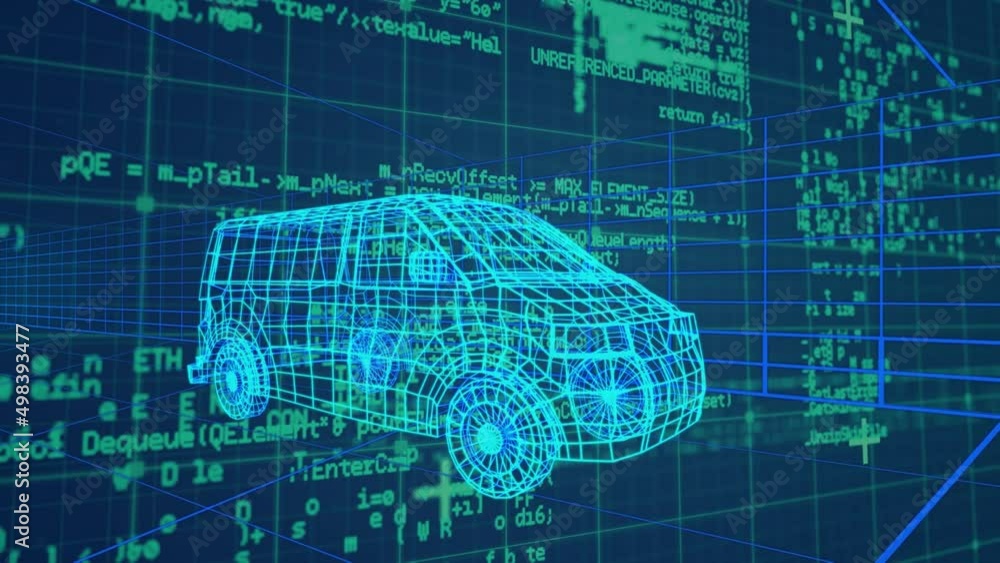 Poster animation of data processing over digital car on blue background