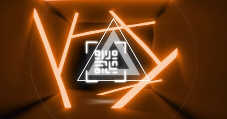 Animation of glowing qr code over neon geometric shapes - Powered by Adobe