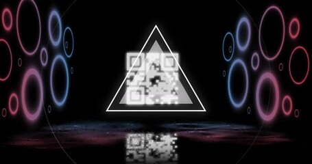 Animation of glowing qr code over neon circles