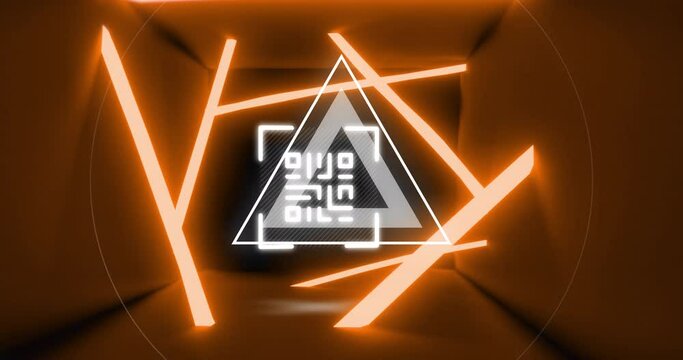 Animation of glowing qr code over neon geometric shapes - Powered by Adobe