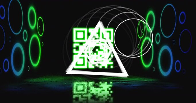 Animation of glowing qr code over neon geometric shapes - Powered by Adobe